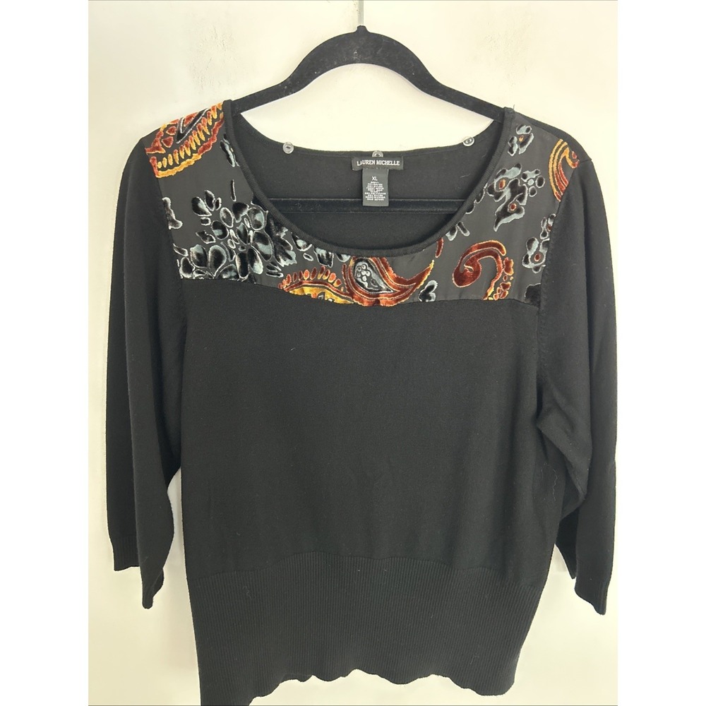 Lauren Michelle XL Black 3/4 Sleeve Sweater Velvet Floral Paisley Panel Soft Com